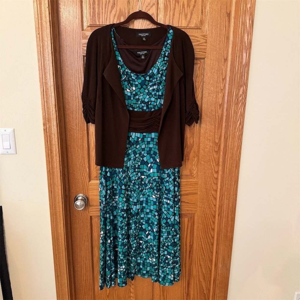 Perceptions 2-Piece Dress & Open Front Jacket Set Teal Mosaic Womens 14